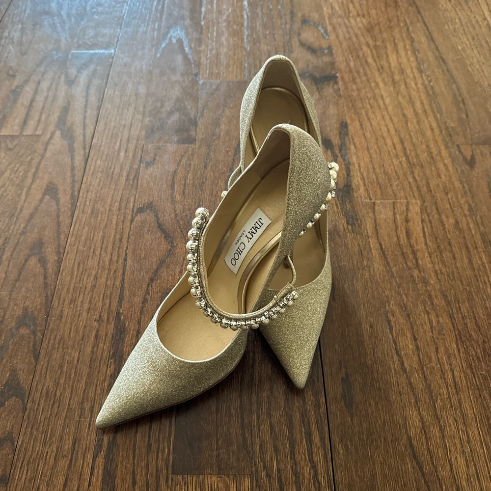 Jimmy Choo Gold Heels with Pearl Accent